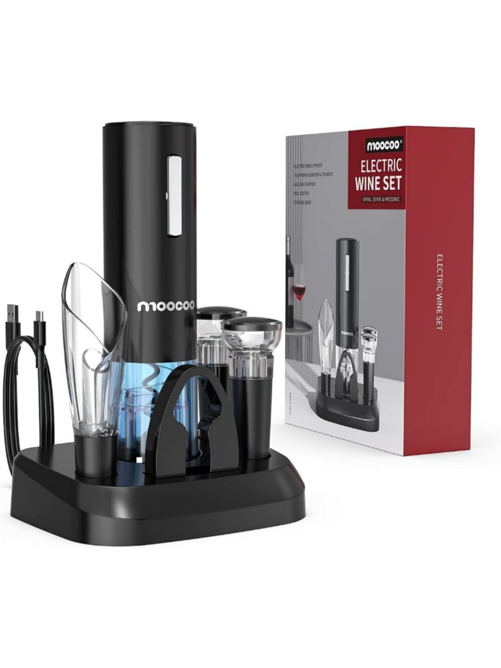 Cordless Electric Wine Opener Set with Aerator, Foil Cutter & Vacuum Stoppers